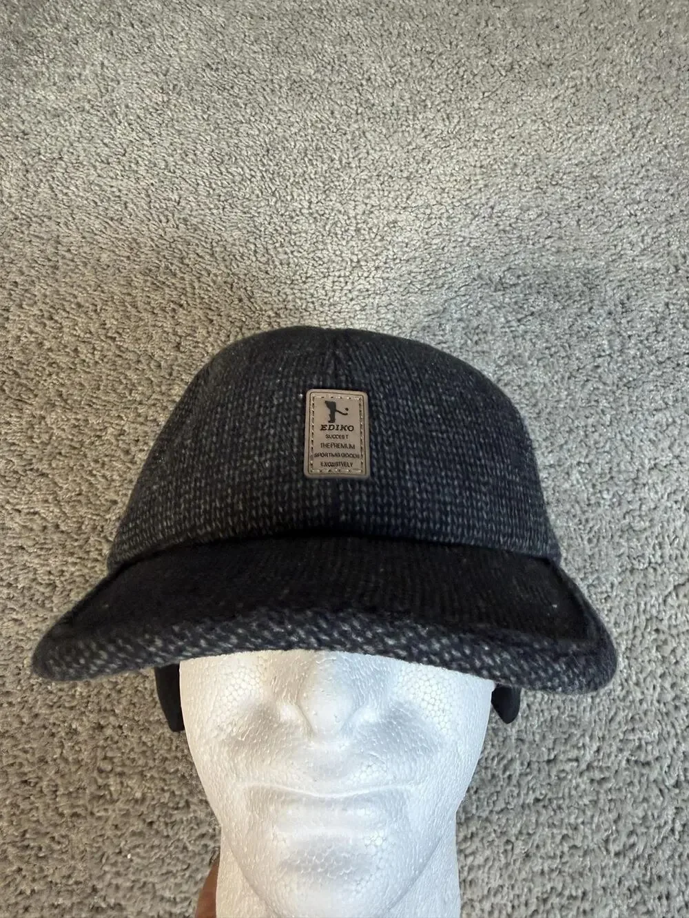 EDIKO Hat Trapper Mens One Size Gray Herringbone Tweed Wool Lined Ear Flap